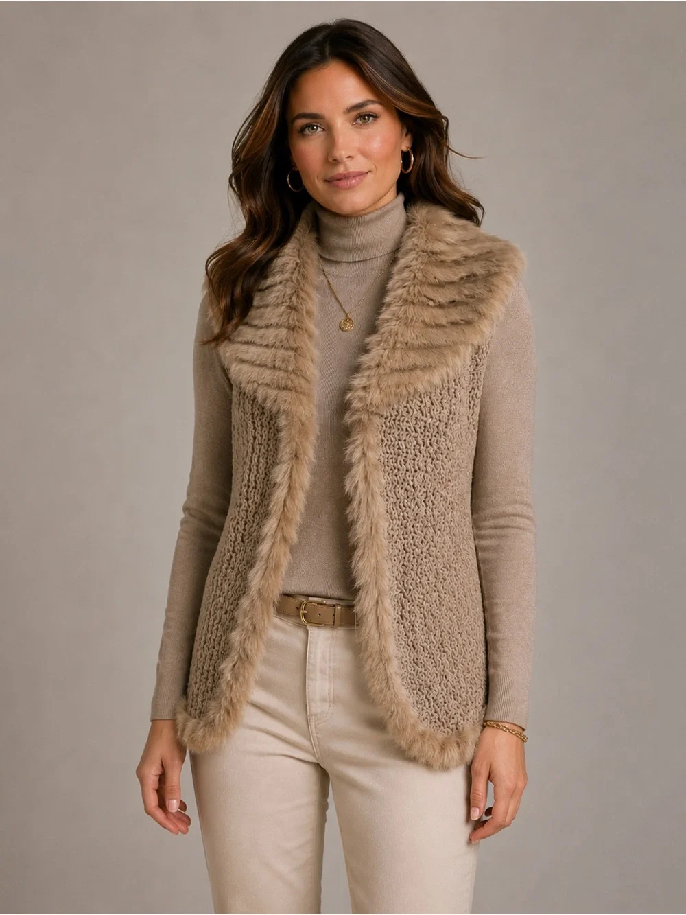 Chico’s Size 1 Faux Fur Trim Sweater Vest Taupe Open Front Knit Cardigan
